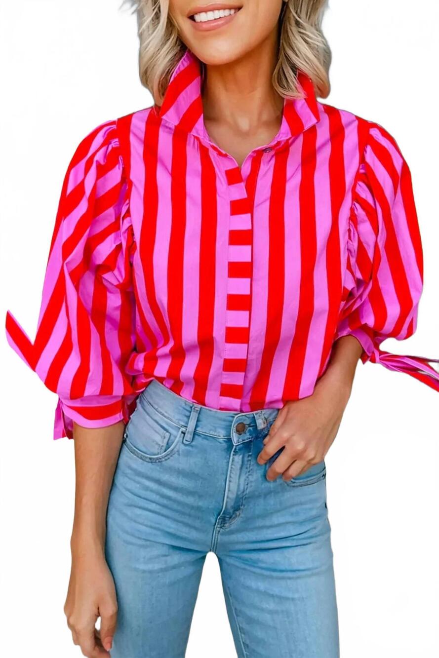 NEW AAPPARELLA women's tie sleeve button down shirt in red stripe